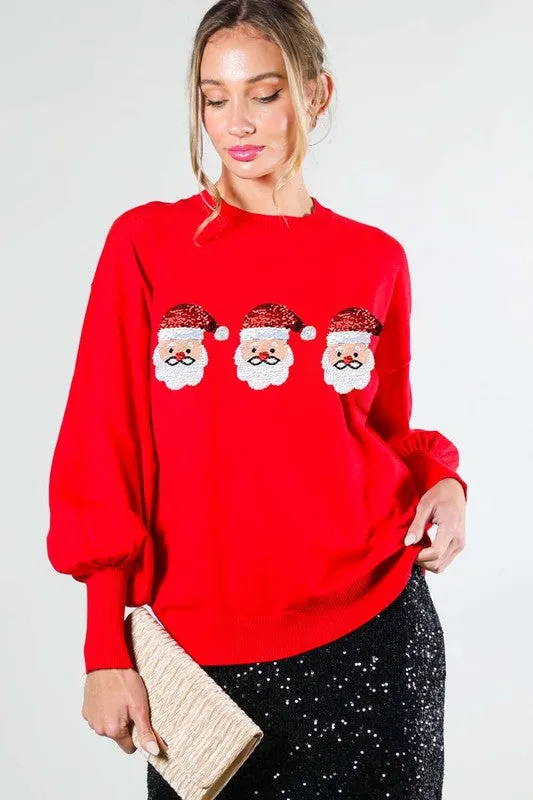 Red Sequin Santa Detail Sweater Top