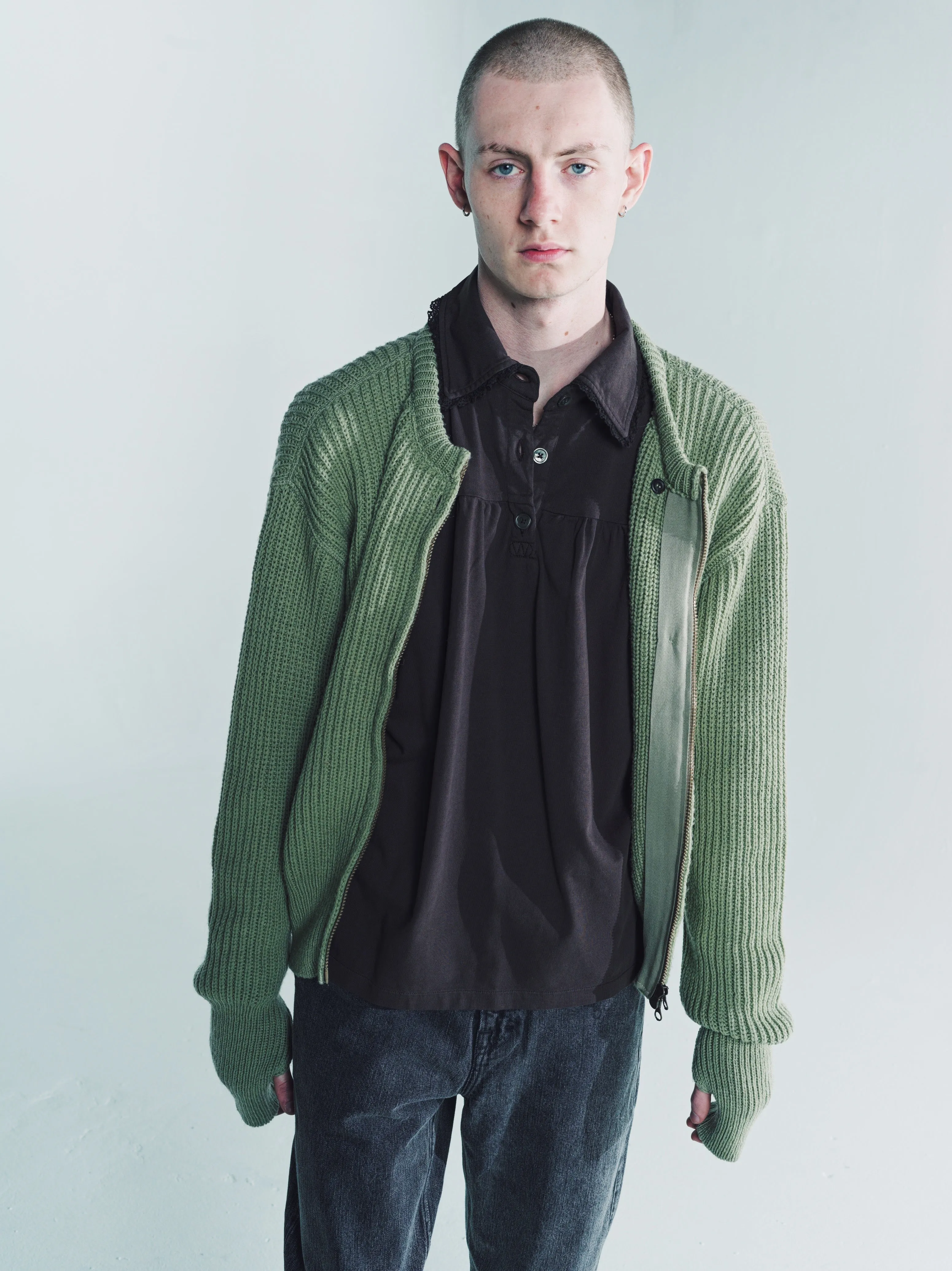 Refined Green Quotidian Wool Zip Wrap Cardigan