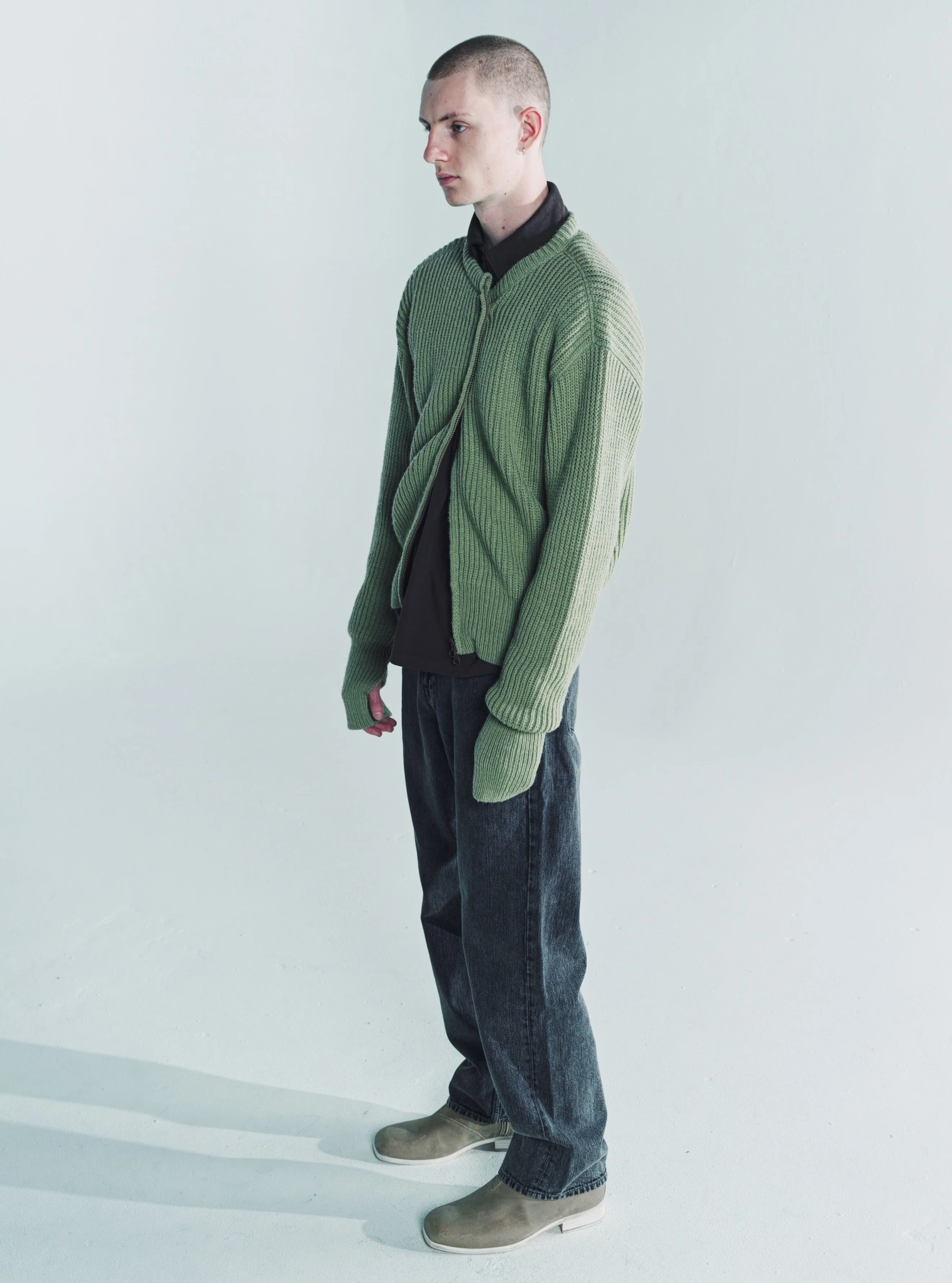 Refined Green Quotidian Wool Zip Wrap Cardigan