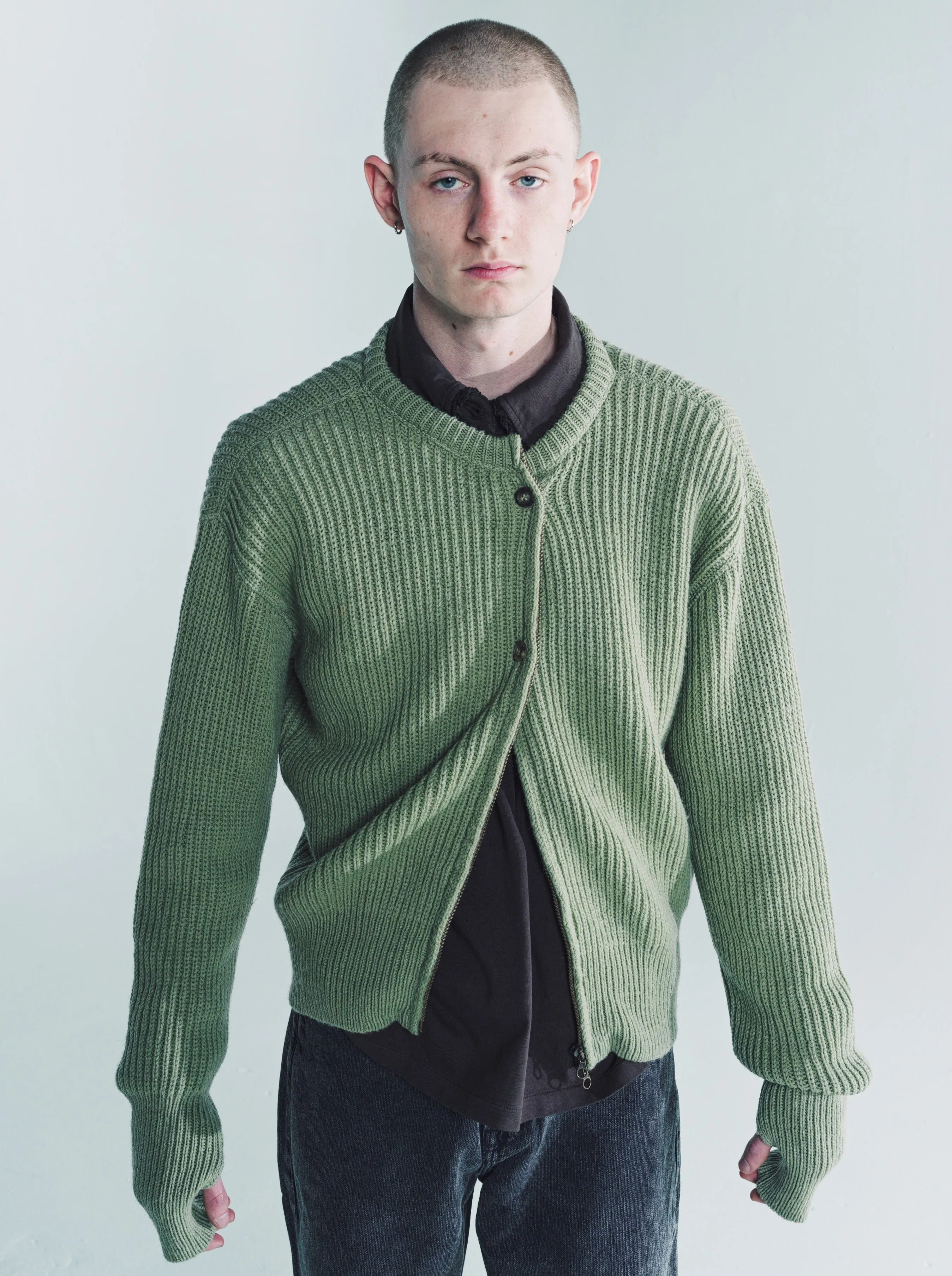 Refined Green Quotidian Wool Zip Wrap Cardigan