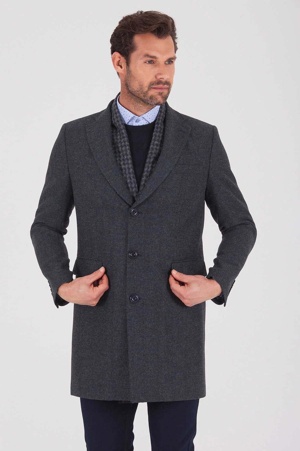 Regular Fit Cachet Fatih Notch Lapel Wool Blend Gray Overcoat, Navy K.