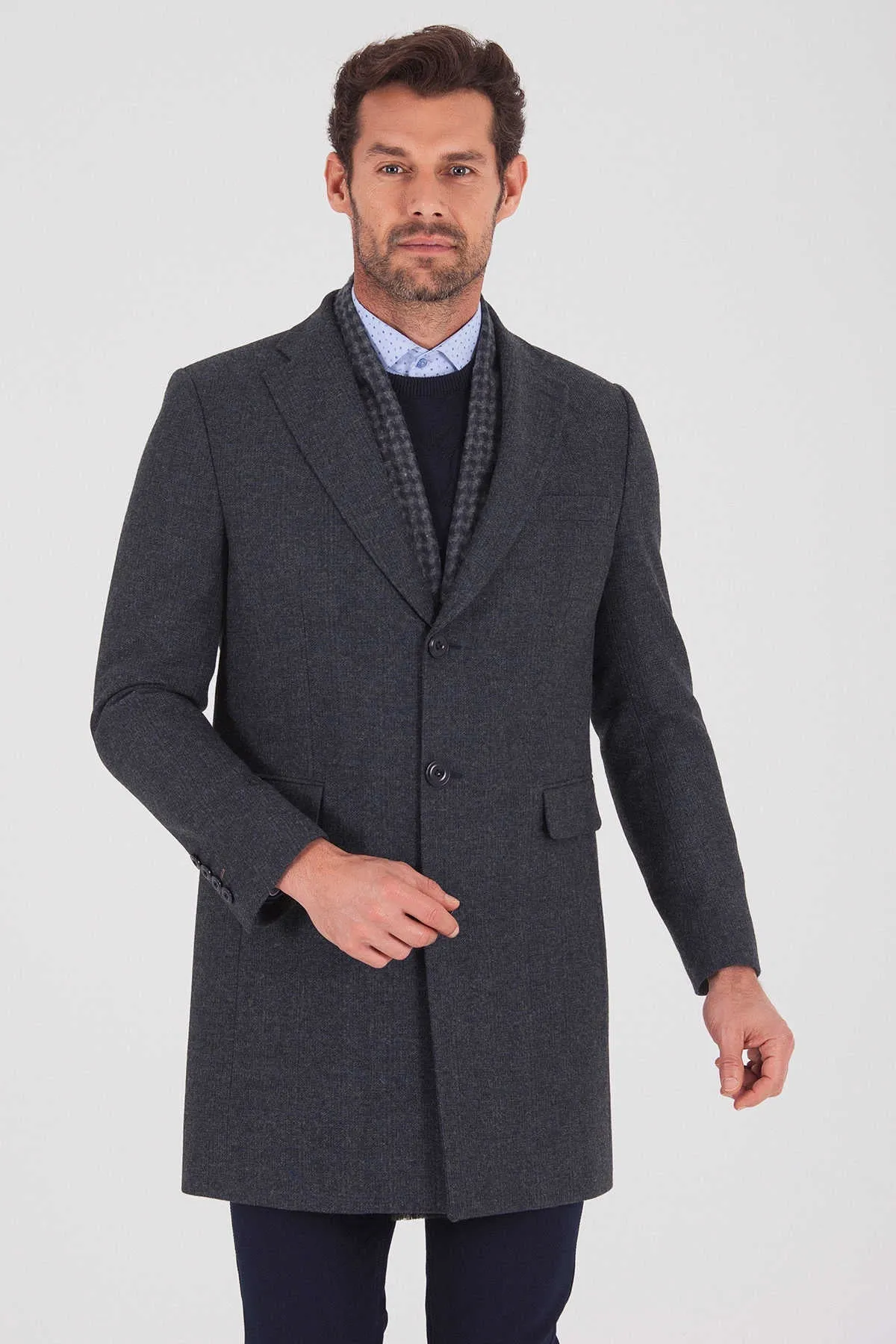 Regular Fit Cachet Fatih Notch Lapel Wool Blend Gray Overcoat, Navy K.