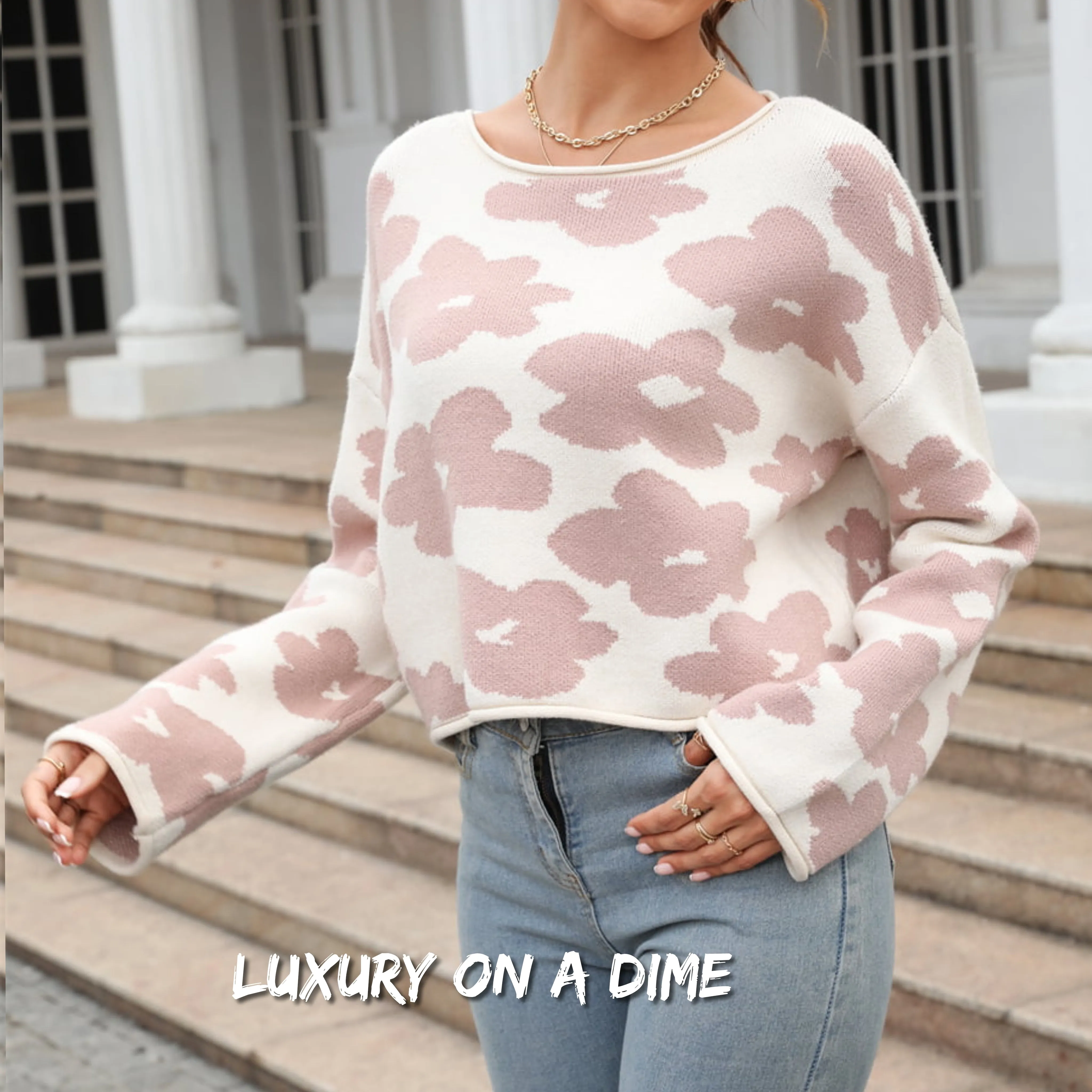 Retro Daisy Knit Flower Long Sleeve Slight Crop Pullover Sweater Shirt