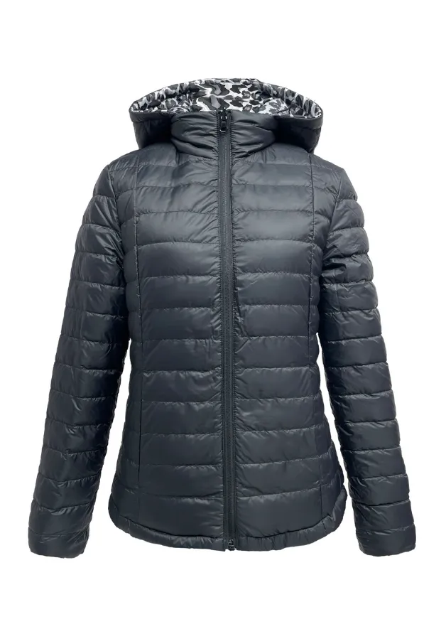 Reversible Black/ Snow Leopard Duck Down Jacket