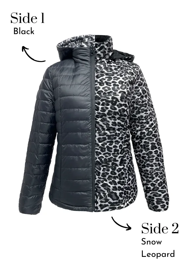 Reversible Black/ Snow Leopard Duck Down Jacket