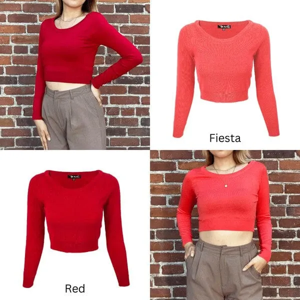 Round Neck Long Slv Crop Sweater Knit Crop Top