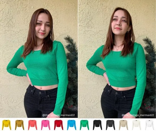 Round Neck Long Slv Crop Sweater Knit Crop Top