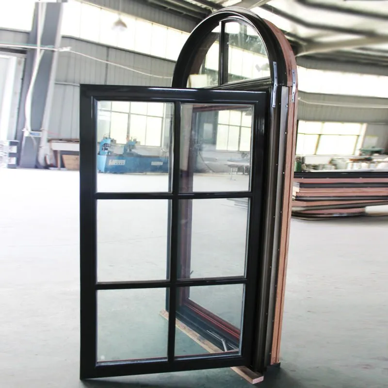 Round top fixed window and bottom crank open window with decorative glazing bars