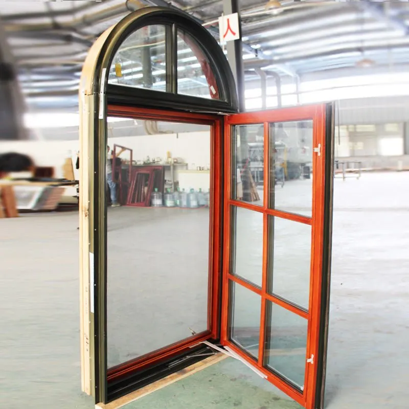 Round top fixed window and bottom crank open window with decorative glazing bars