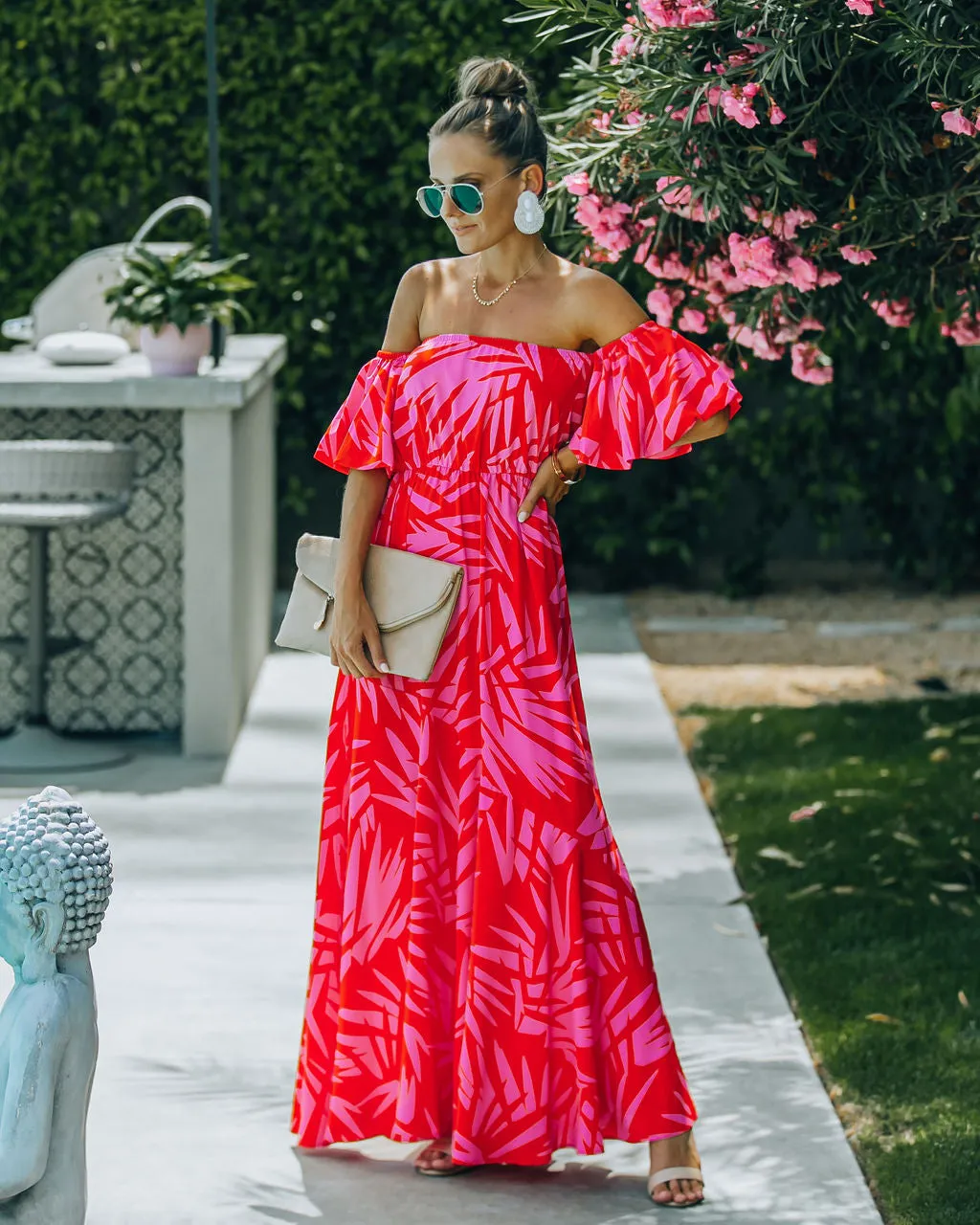 Royal Villa Palm Print Off The Shoulder Maxi Dress