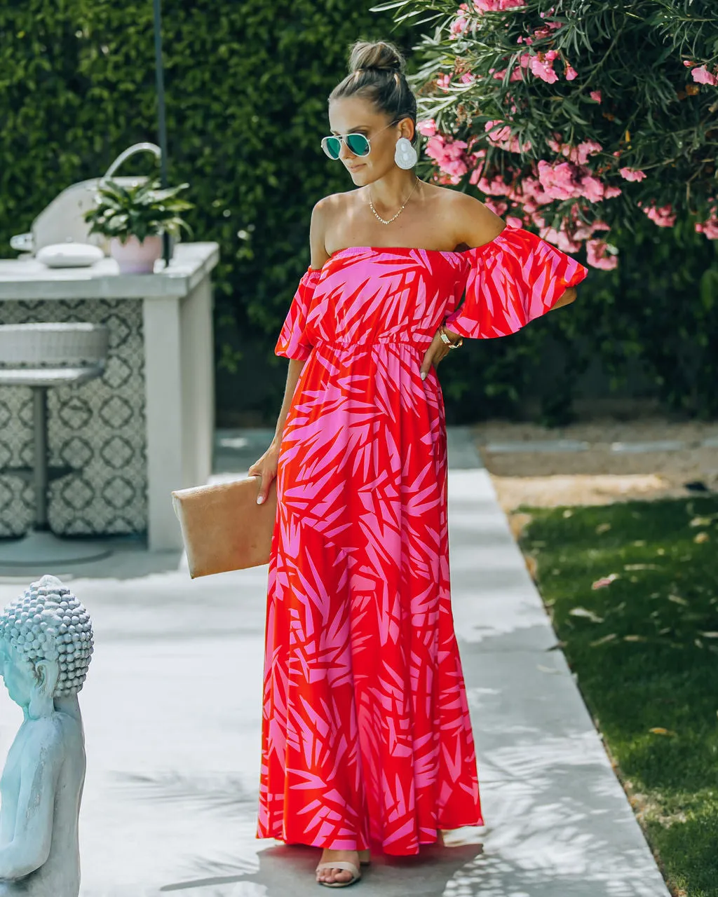 Royal Villa Palm Print Off The Shoulder Maxi Dress