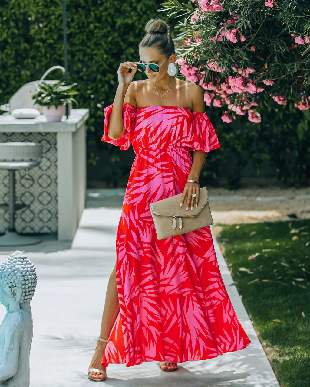 Royal Villa Palm Print Off The Shoulder Maxi Dress