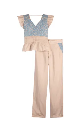 SALE - Gardenia Collection Embroidered Blouse & Pant Set from Mexico- Neutral and Light Blue