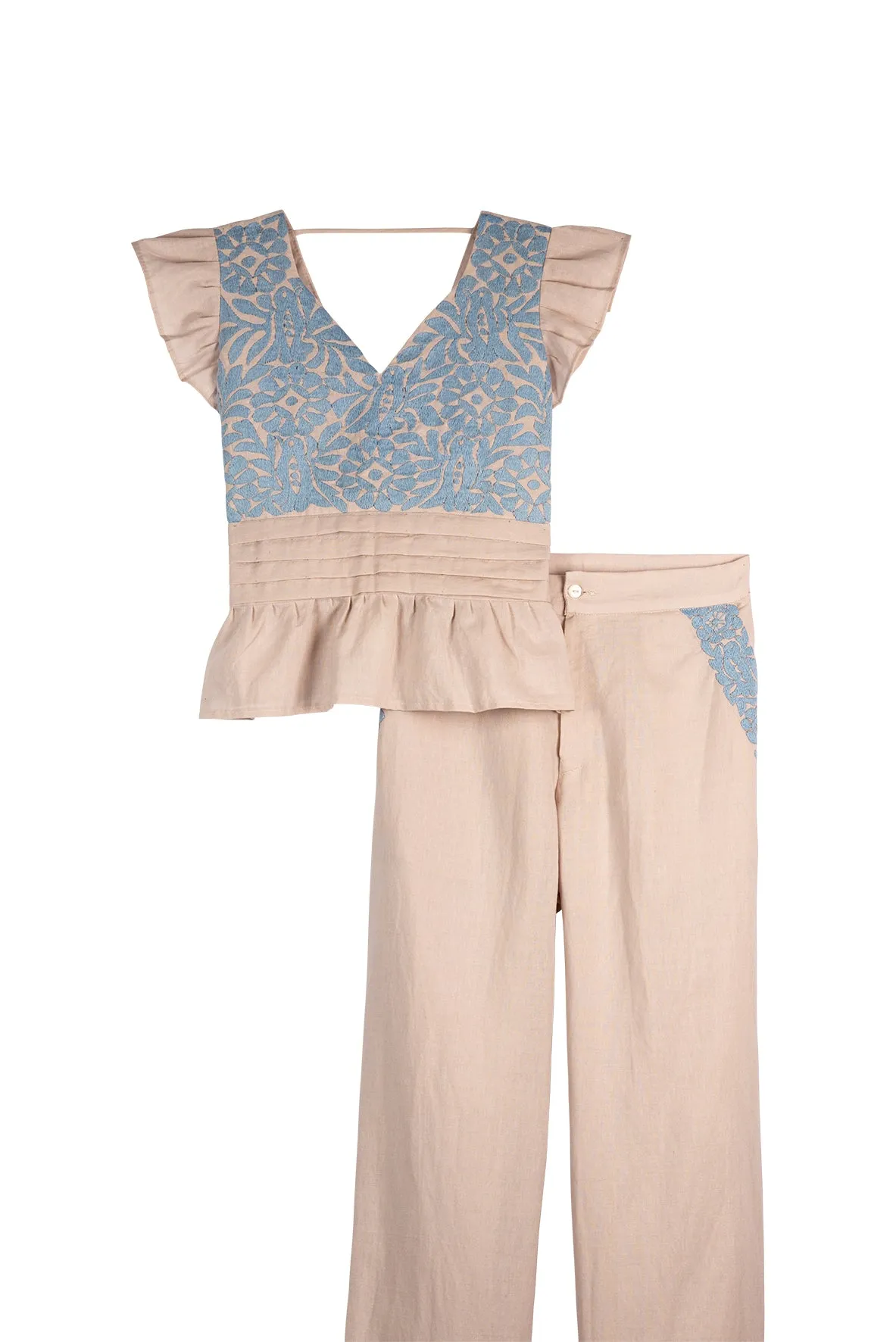 SALE - Gardenia Collection Embroidered Blouse & Pant Set from Mexico- Neutral and Light Blue