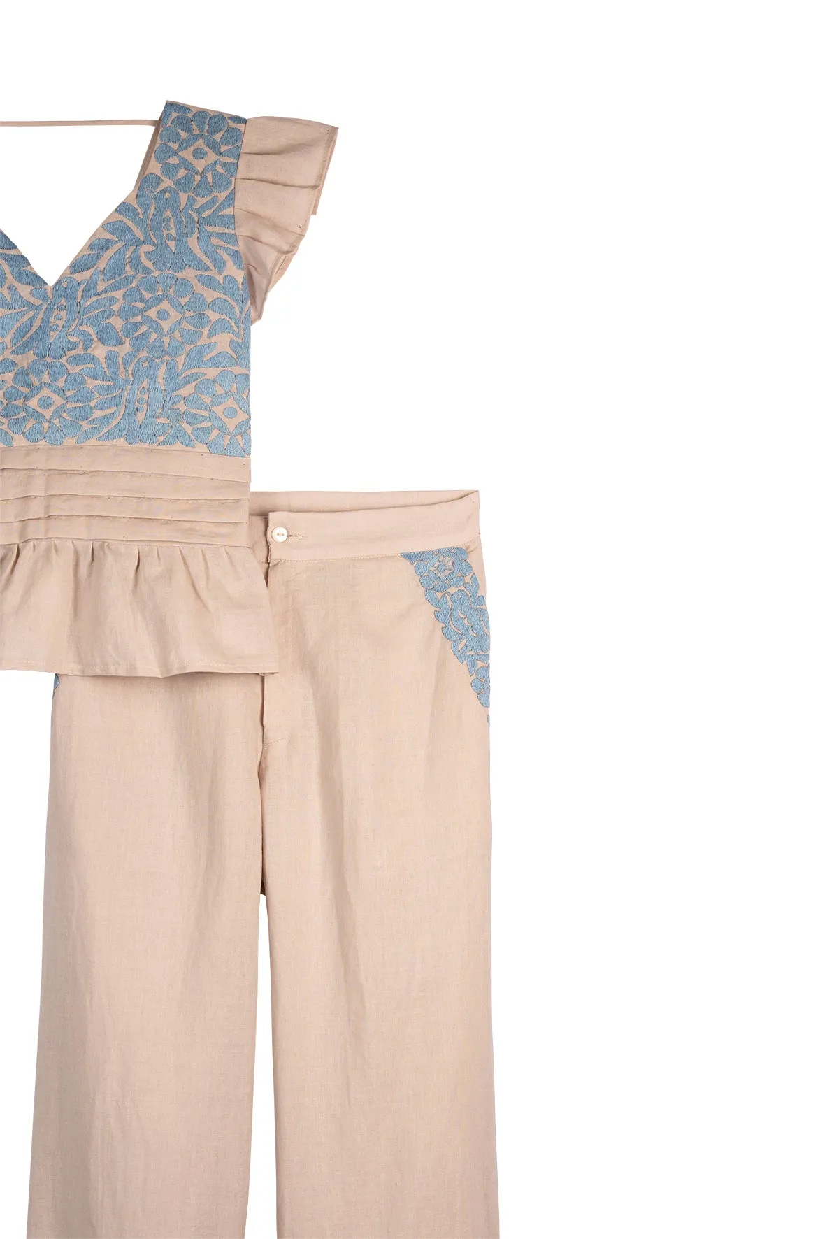 SALE - Gardenia Collection Embroidered Blouse & Pant Set from Mexico- Neutral and Light Blue