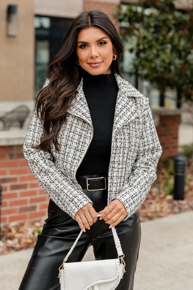 Serious Business Woman Cream and Black Plaid Boucle Tweed Moto Jacket FINAL SALE