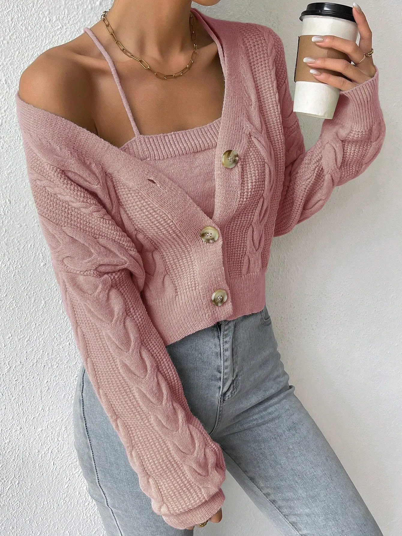 SHEIN Cable Knit Drop Shoulder Cardigan & Cami Knit Top