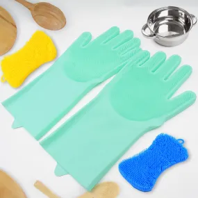 Silicone Kitchen Magic Gloves & Scrubber For Dishwashing & With Brush Cleaning Scrubber