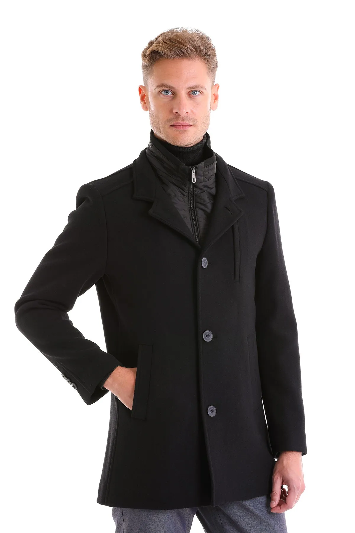 Slim Fit Cachet Stand Collar Black Wool Blend Overcoat