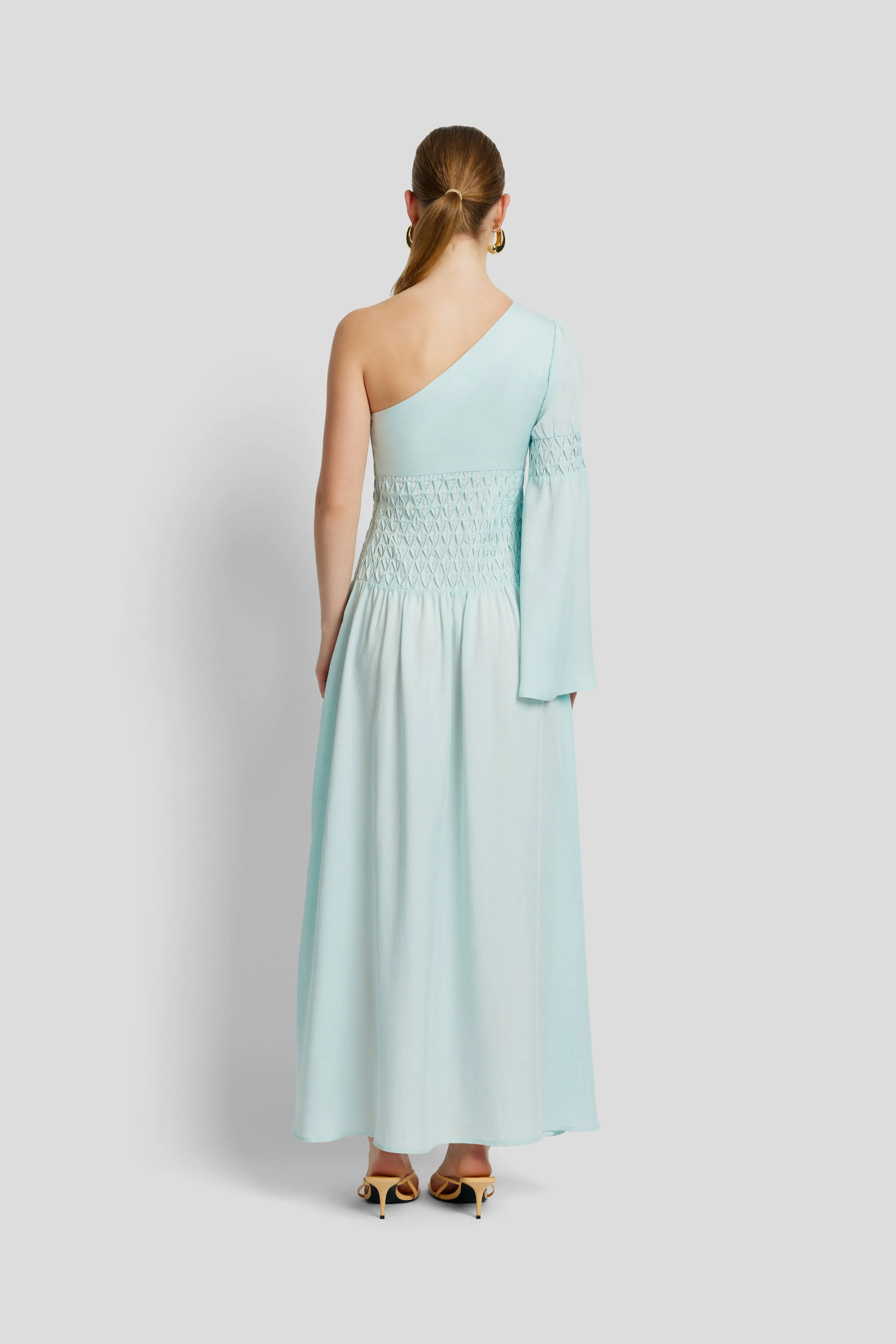 Smocked One Shoulder Dress - Ice Blue