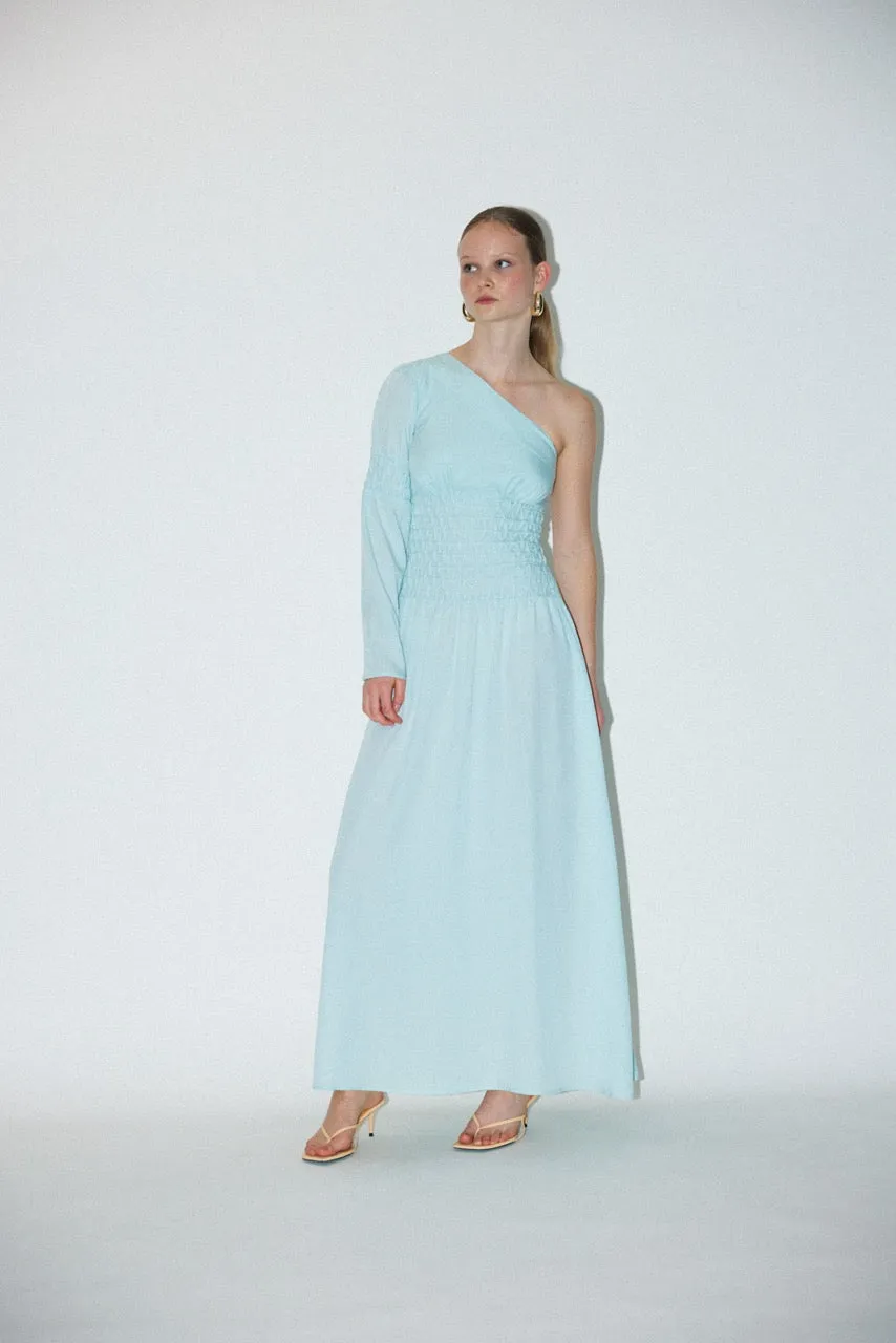 Smocked One Shoulder Dress - Ice Blue