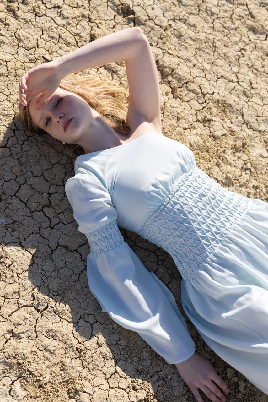 Smocked One Shoulder Dress - Ice Blue