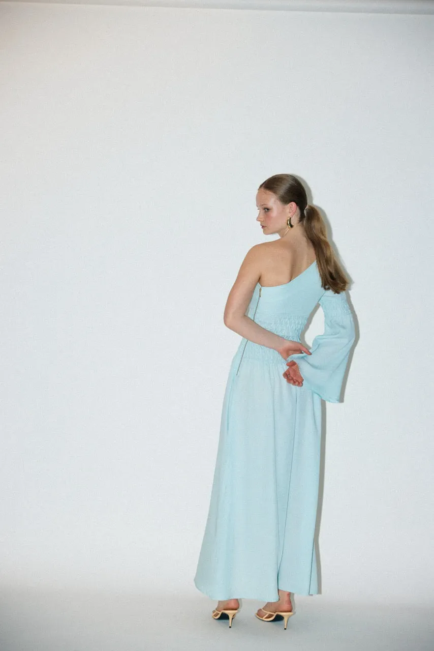 Smocked One Shoulder Dress - Ice Blue