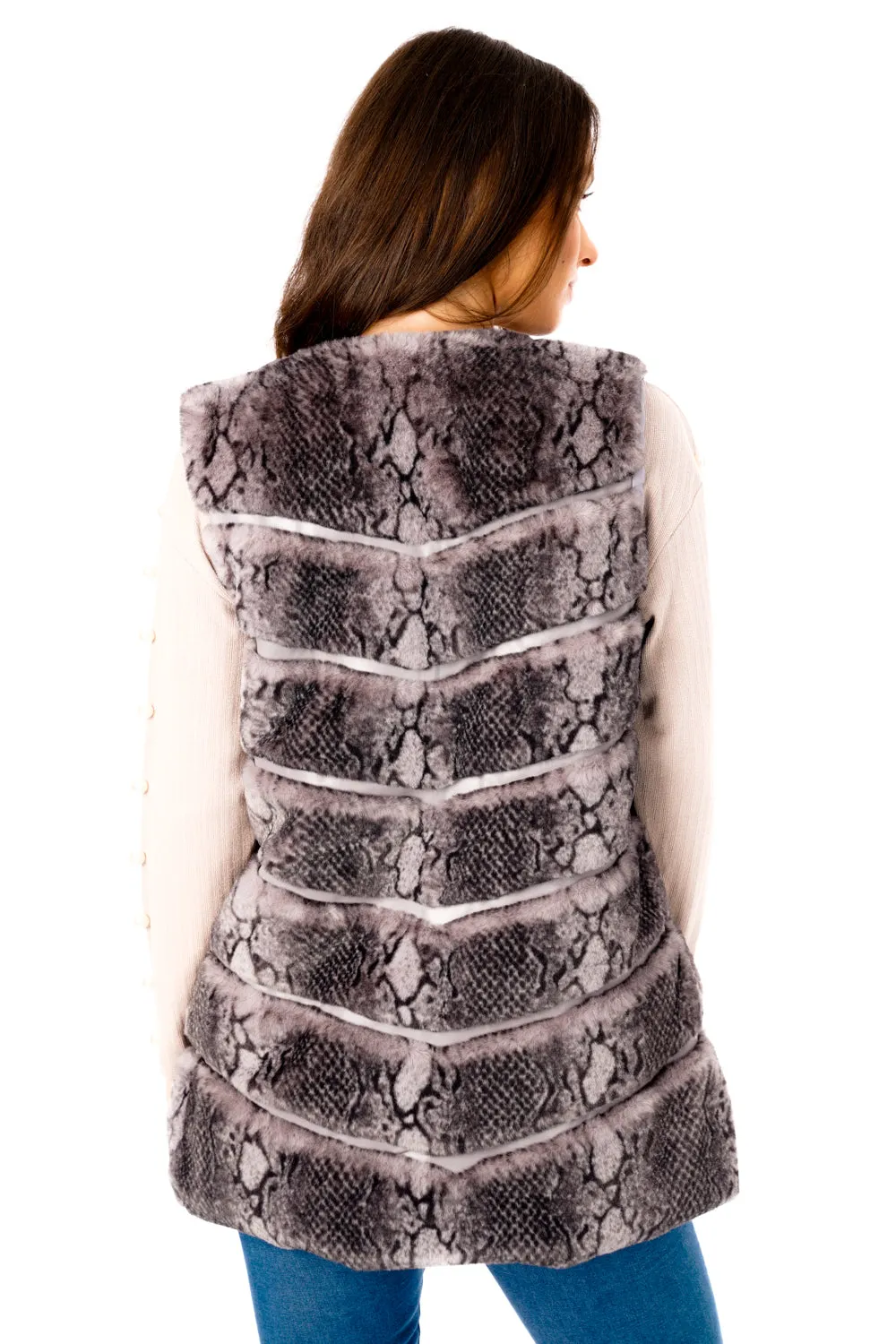 Snake Print Chevron Soft Faux Fur Leather Panel Gilet