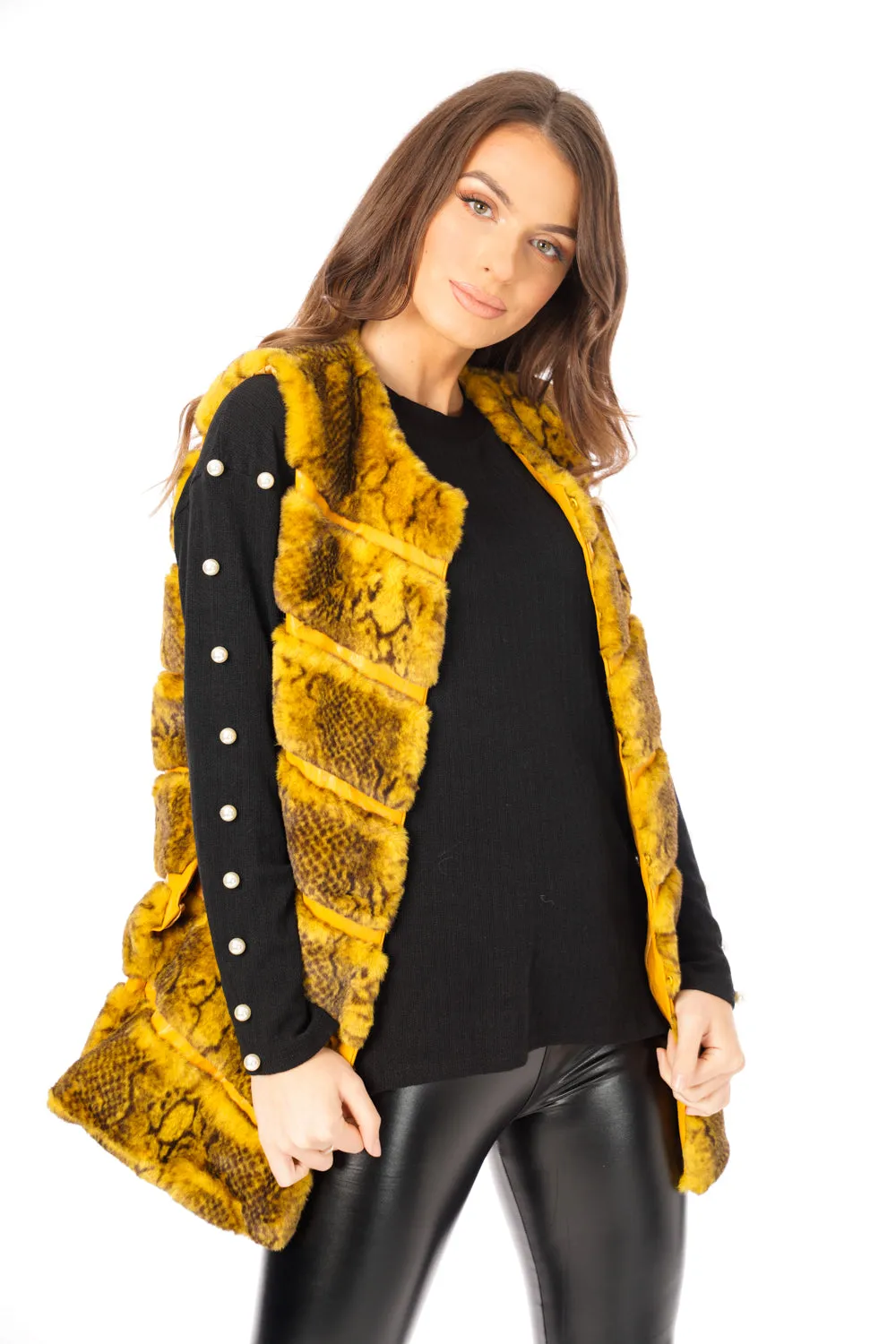 Snake Print Chevron Soft Faux Fur Leather Panel Gilet