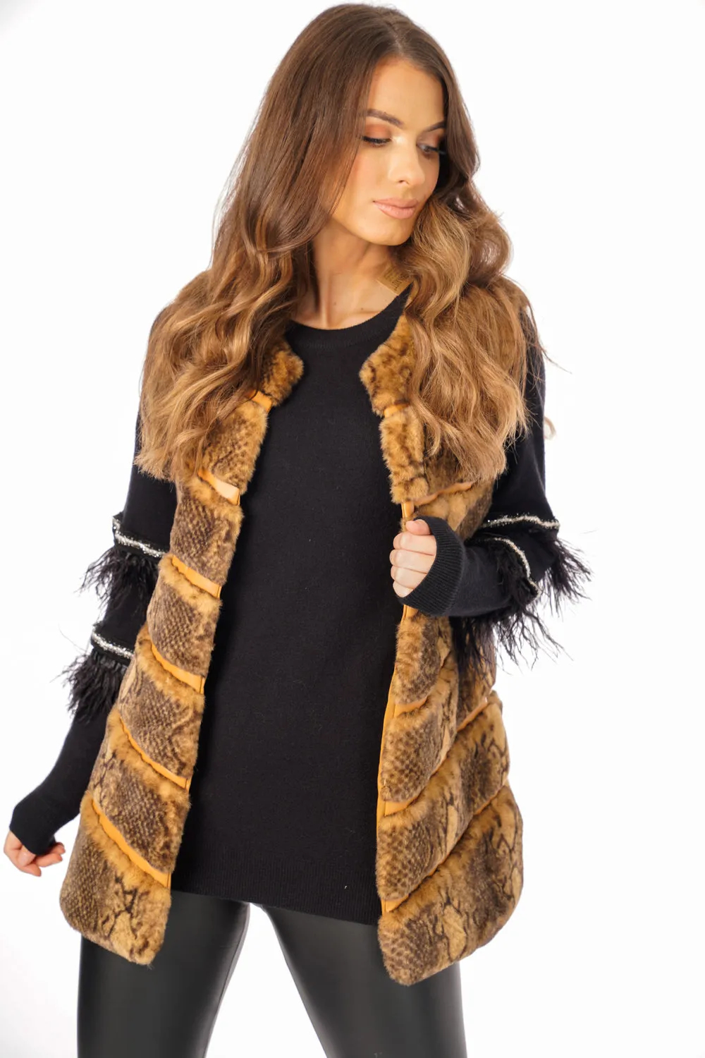 Snake Print Chevron Soft Faux Fur Leather Panel Gilet