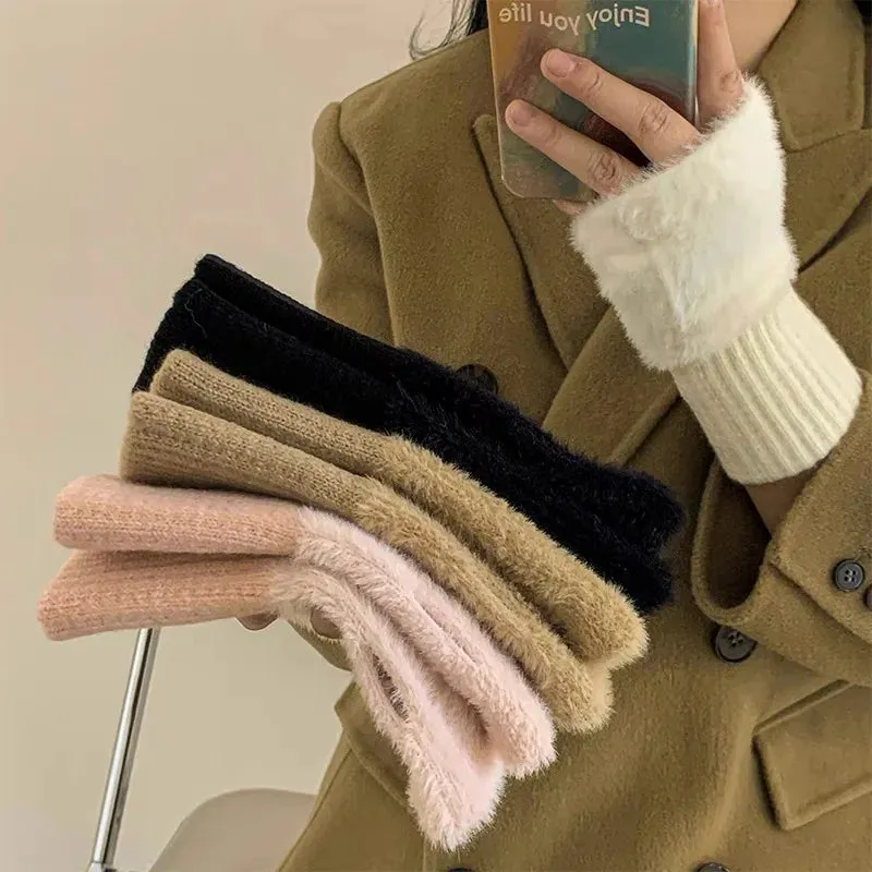 Soft Mink Fleece Fingerless Gloves - Warm Winter Plush Mittens for Women