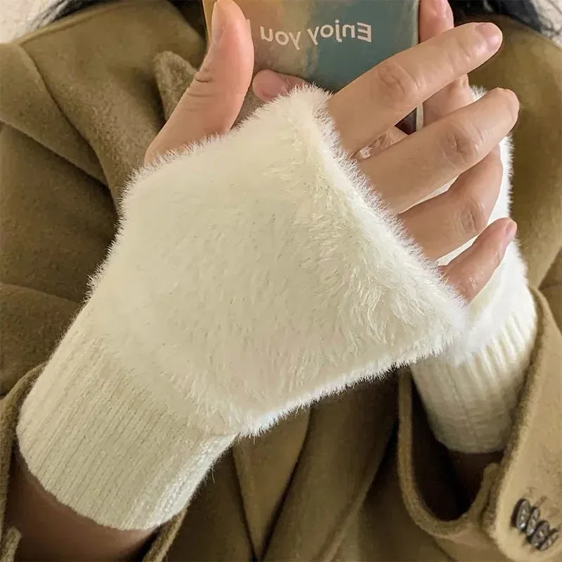 Soft Mink Fleece Fingerless Gloves - Warm Winter Plush Mittens for Women