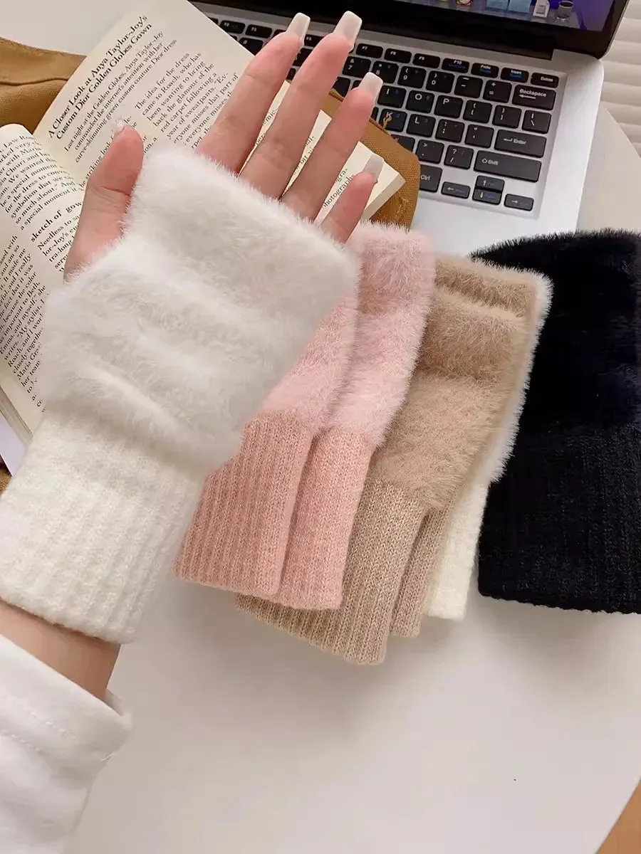 Soft Mink Fleece Fingerless Gloves - Warm Winter Plush Mittens for Women