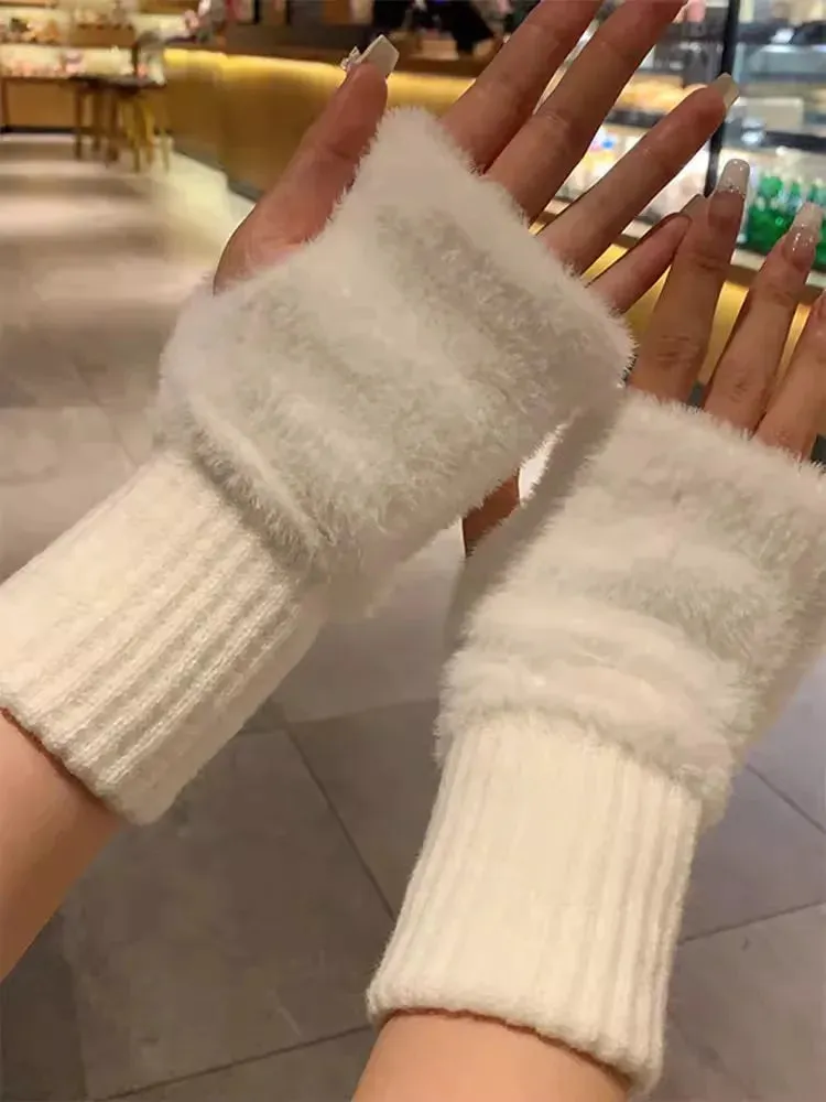 Soft Mink Fleece Fingerless Gloves - Warm Winter Plush Mittens for Women