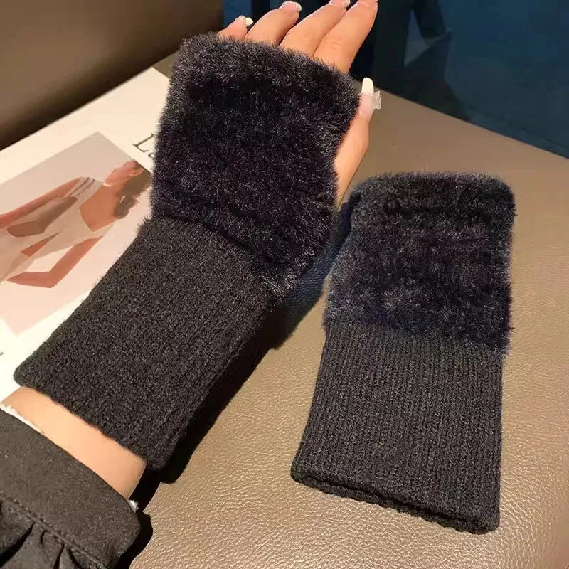 Soft Mink Fleece Fingerless Gloves - Warm Winter Plush Mittens for Women