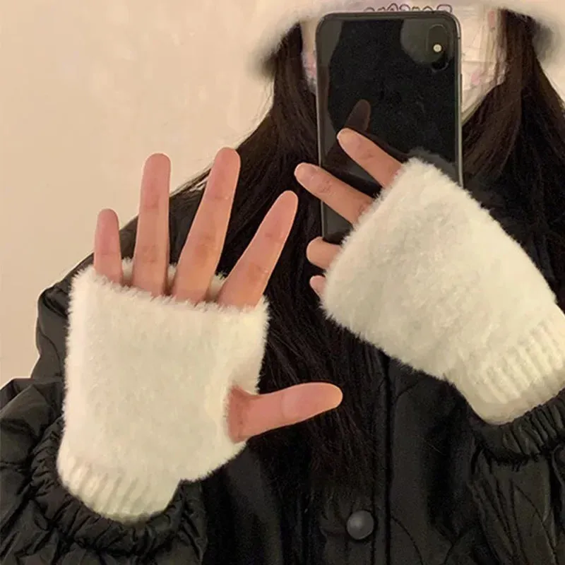 Soft Mink Fleece Fingerless Gloves - Warm Winter Plush Mittens for Women