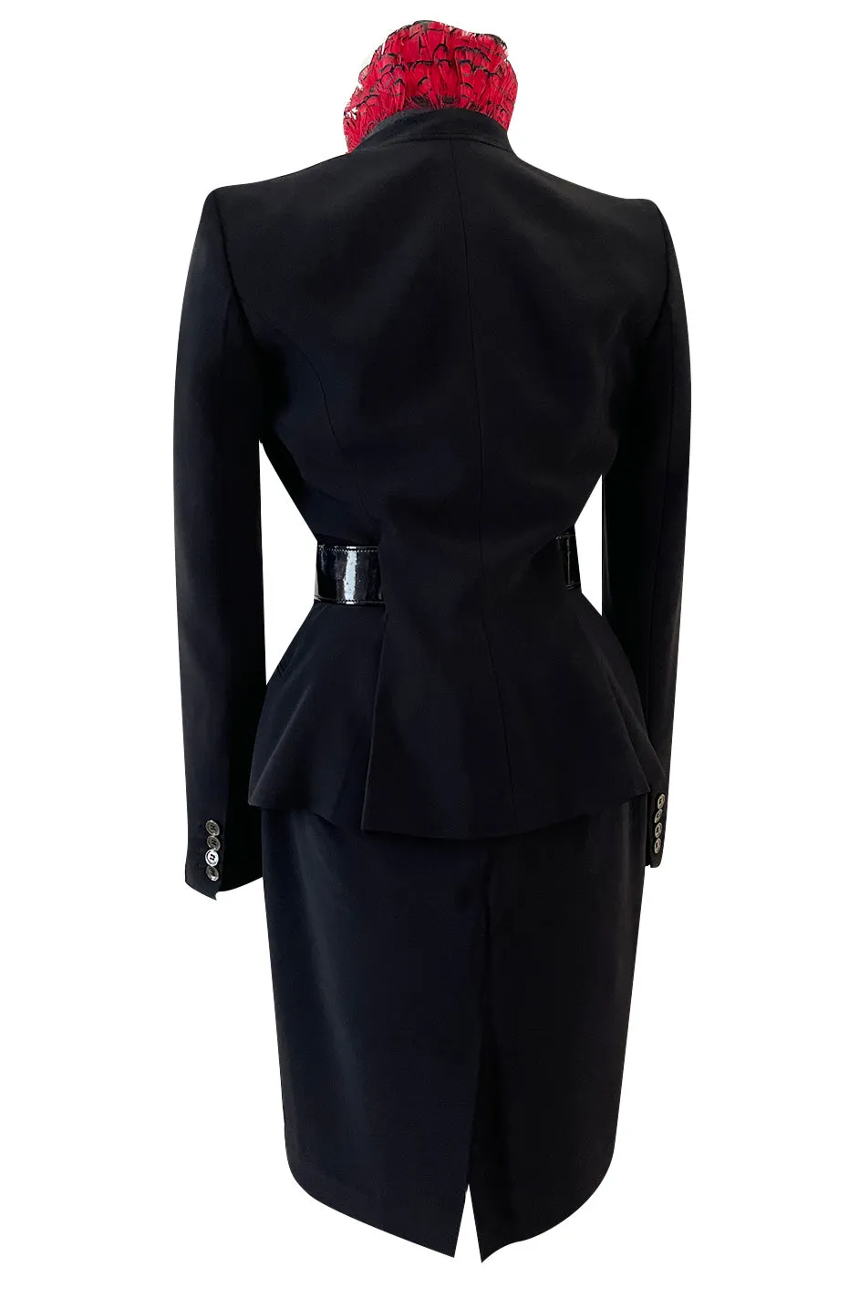 Spectacular Spring 2008 Alexander McQueen 'La Dame Bleue' Look 26 Red Feather Trim Black Suit