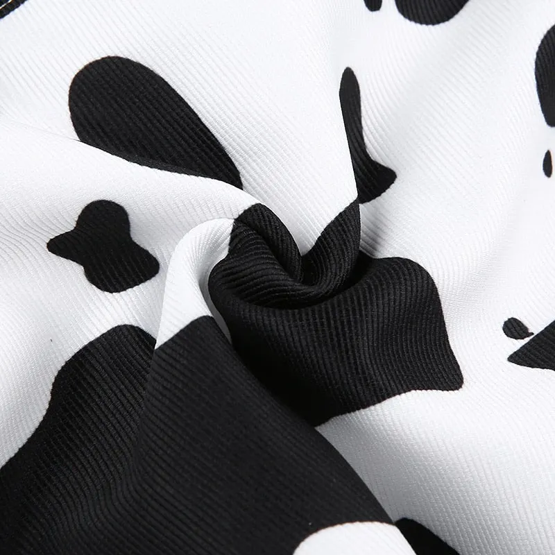 Streetwear Cow Print Cropped Casual Buttons Coat Women Cardigan Spring Autumn Basic Jacket