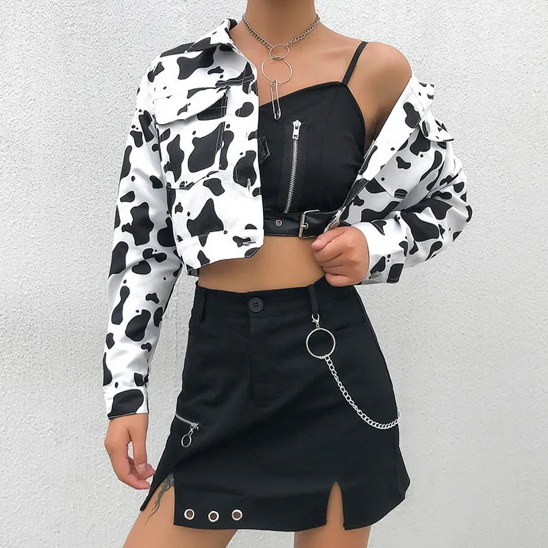 Streetwear Cow Print Cropped Casual Buttons Coat Women Cardigan Spring Autumn Basic Jacket