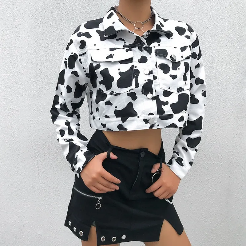 Streetwear Cow Print Cropped Casual Buttons Coat Women Cardigan Spring Autumn Basic Jacket