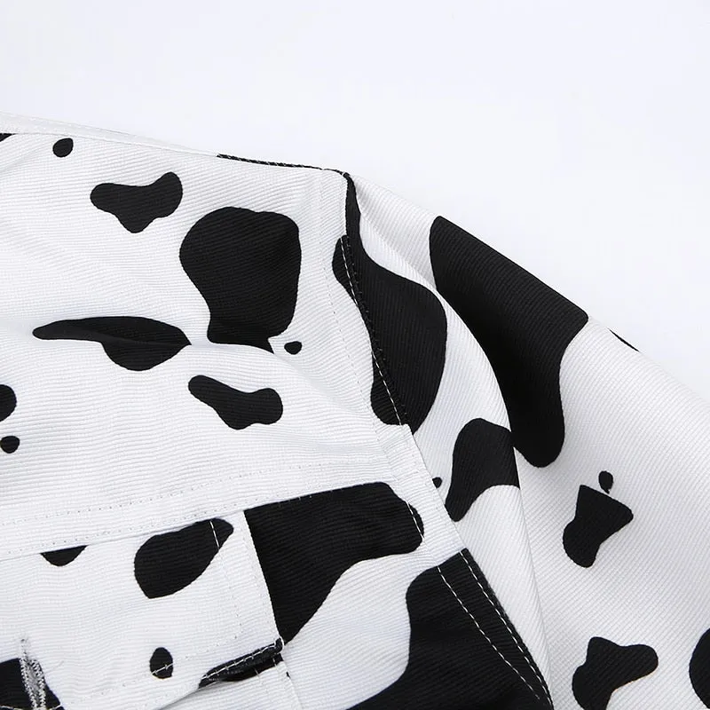 Streetwear Cow Print Cropped Casual Buttons Coat Women Cardigan Spring Autumn Basic Jacket