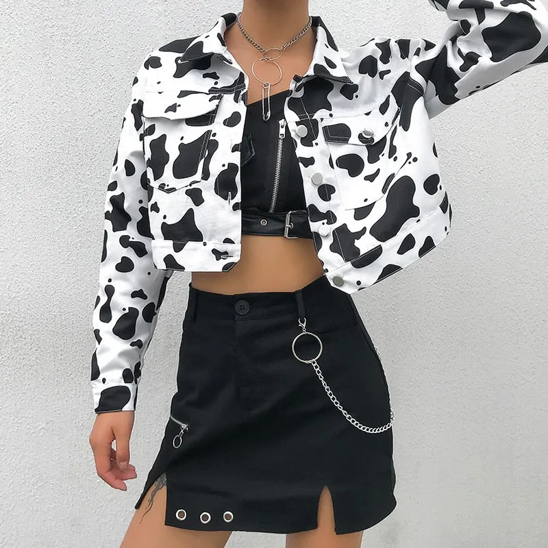 Streetwear Cow Print Cropped Casual Buttons Coat Women Cardigan Spring Autumn Basic Jacket