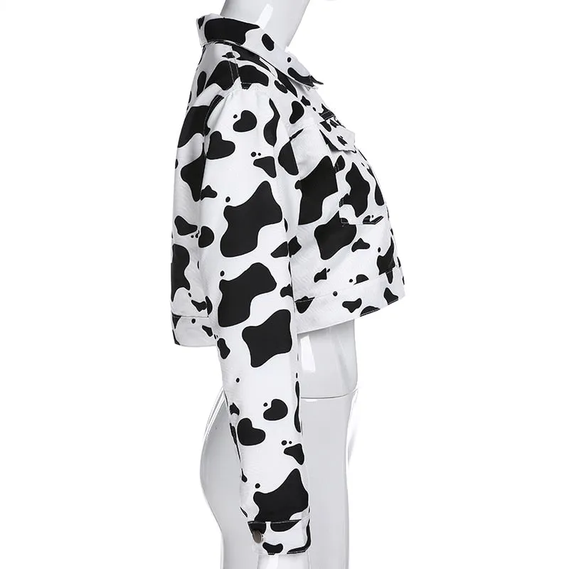 Streetwear Cow Print Cropped Casual Buttons Coat Women Cardigan Spring Autumn Basic Jacket