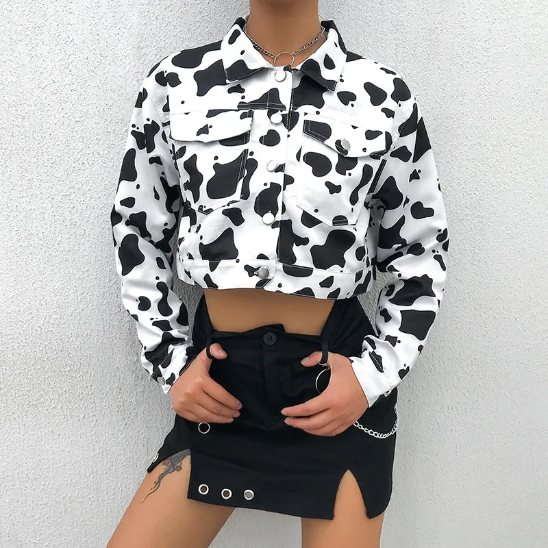 Streetwear Cow Print Cropped Casual Buttons Coat Women Cardigan Spring Autumn Basic Jacket