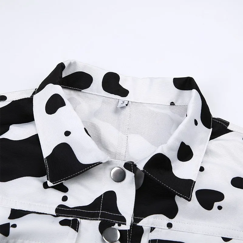 Streetwear Cow Print Cropped Casual Buttons Coat Women Cardigan Spring Autumn Basic Jacket