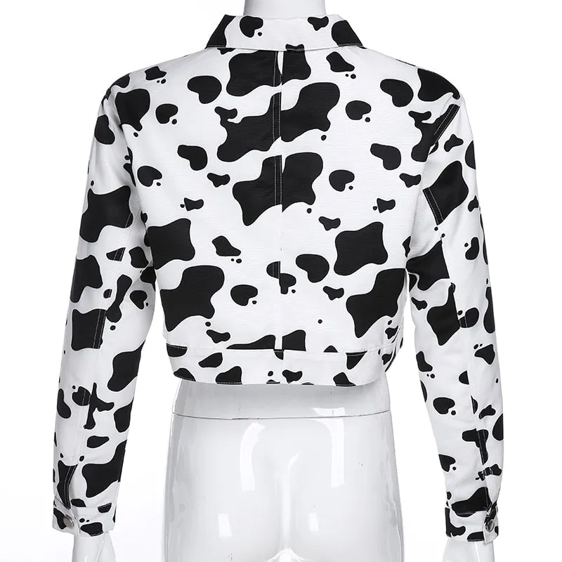 Streetwear Cow Print Cropped Casual Buttons Coat Women Cardigan Spring Autumn Basic Jacket