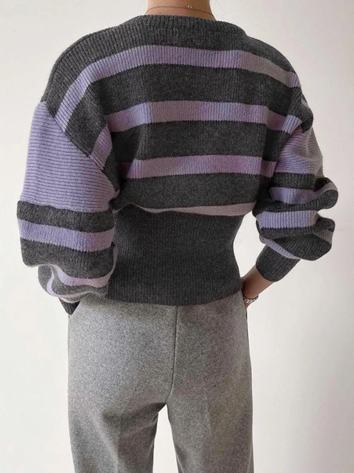 Stripe Asymmetric Graceful Notched Crop Sweater