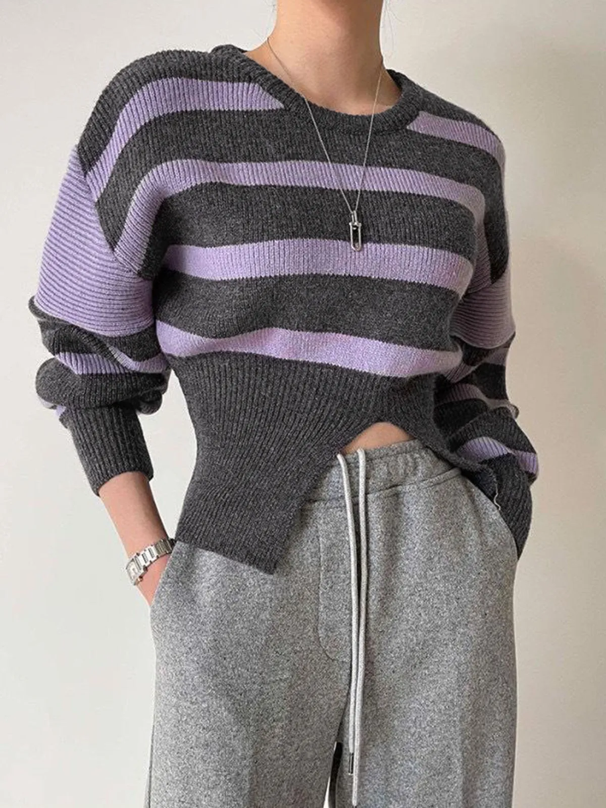 Stripe Asymmetric Graceful Notched Crop Sweater