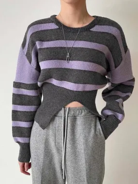 Stripe Asymmetric Graceful Notched Crop Sweater