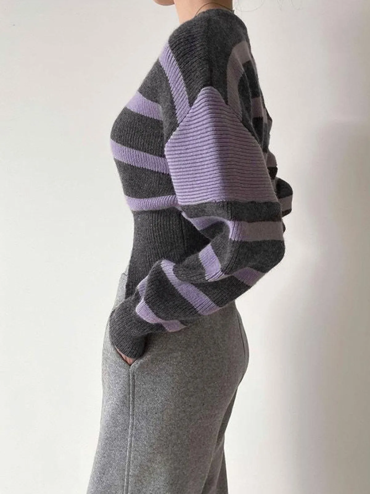 Stripe Asymmetric Graceful Notched Crop Sweater